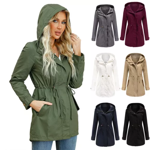 Womens Pockets Hooded Cotton Trench Coat Long Zip Up Jacket Outwear Plus Size UK