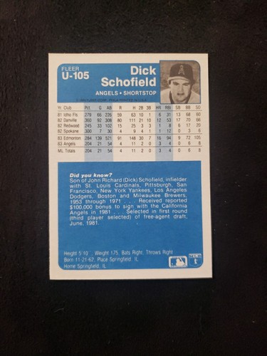 ⚾1984 Fleer Update #U-105 Dick Schofield Rookie Card RC⚾Near Mint or Better⚾ - Picture 2 of 2