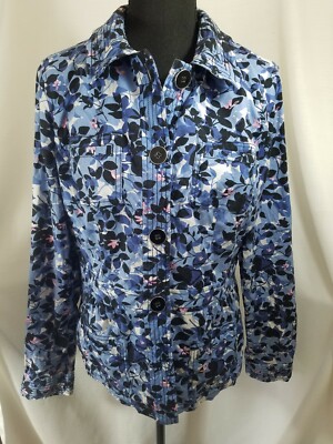 NEW Womens Medium Jacket Charter Club Button Up Collar Long Sleeve Blue Floral