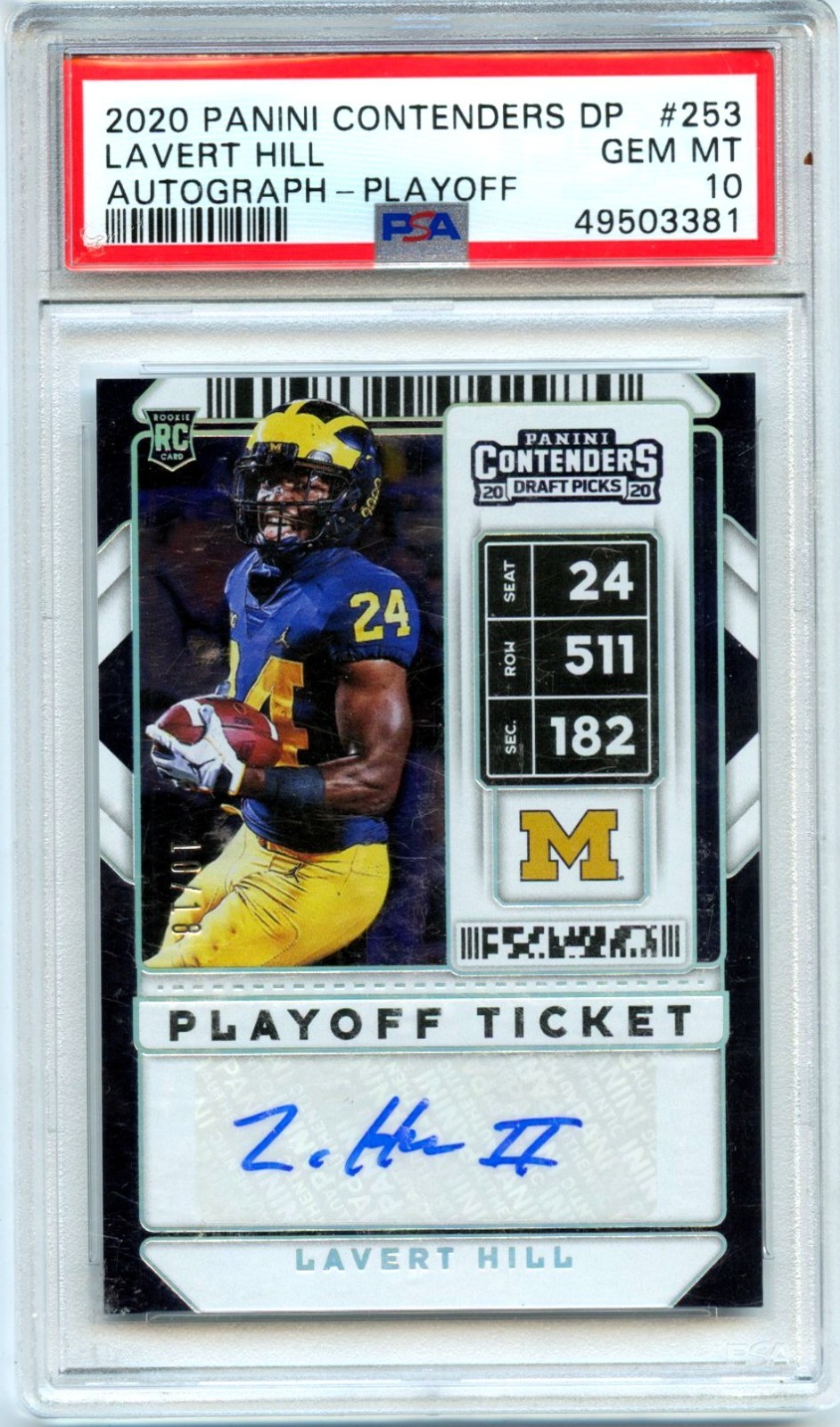 LAVERT HILL RC 2020 CONTENDERS DRAFT PLAYOFF TICKET ROOKIE AUTO SP 10/18 PSA 10
