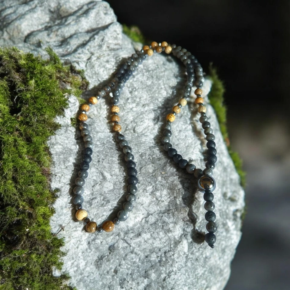Collar de cuentas de piedra de jaspe natural y lava con piedra central única  Foto 4 de 4