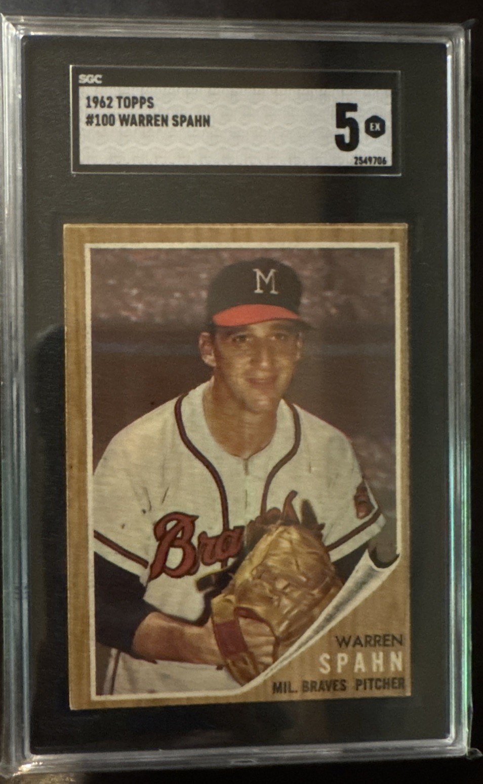 1962 Topps WARREN SPAHN Milwaukee Braves #100 SGC 5 EX, 363 Wins!, Just Graded