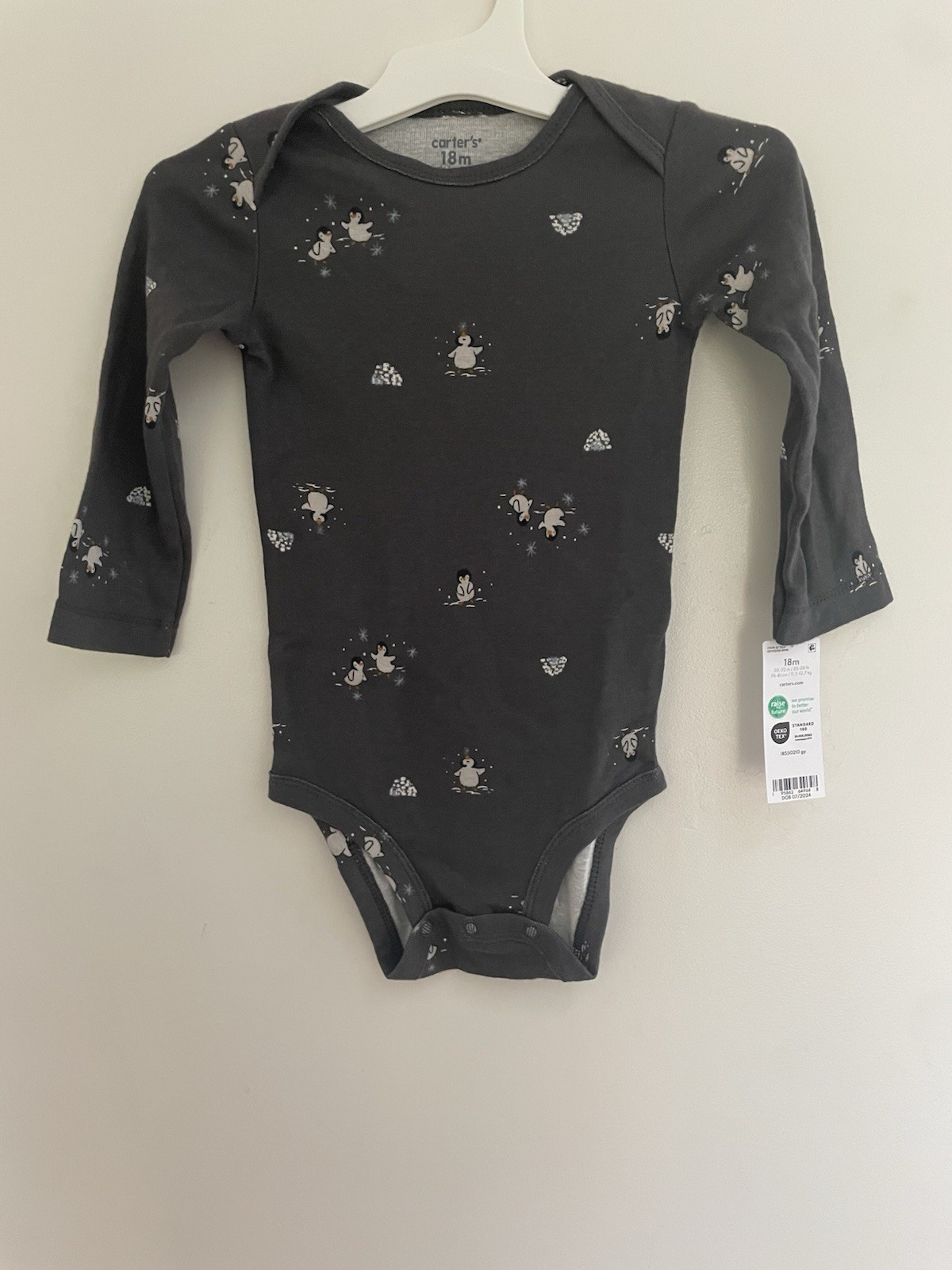 Carter's Baby Boys Cute Penguins 100% Cotton Long Sleeve Bodysuit Dark Gray 18M