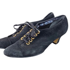 Vintage Lace Up Block Heel Pumps Almond Toe Gold Eyelet Classic 8.5