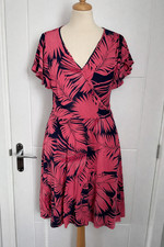 Pink Navy Tropical Leaf Wrap Dress Women’s UK 16-18 L Summer b13