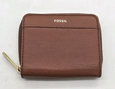 Fossil Jori Bifold Wallet Brown Cowhide Leather Zip Around Card Holder Gold HW