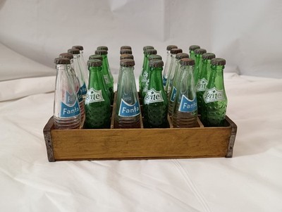 Vintage Wooden Crate Of 24 Miniature Sprite And Fanta 3'' Glass Bottles 