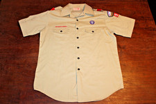 Boy Scouts of America BSA Men's Shirt Tan Large Sewn Patches Short Sleeve