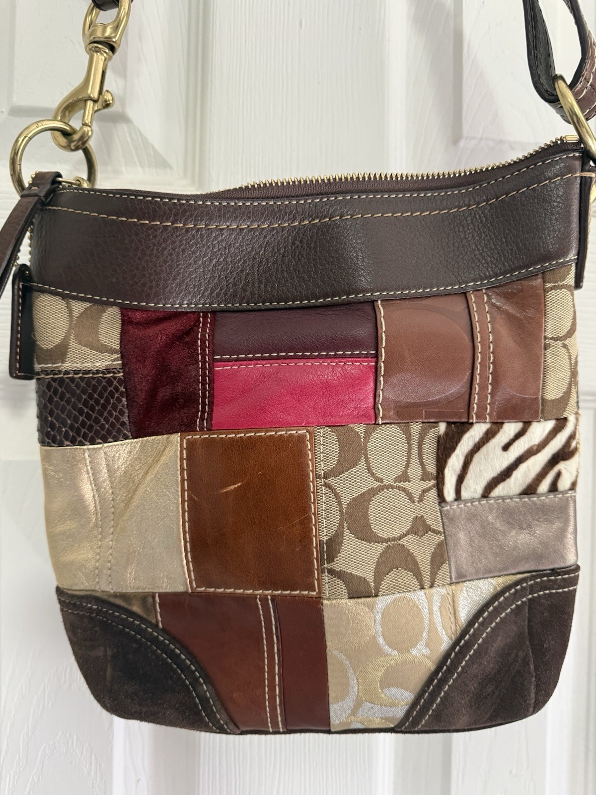 Coach Patchwork Shoulder Bag Multicolor Gold Hard… - image 5