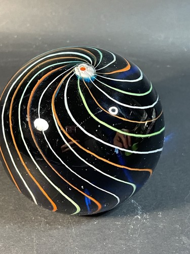 Art Glass Paperweight Dark With Colorful Spirals - Couple Scratches - Picture 9 of 12