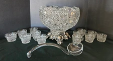 L E Smith Glass Daisy and Button Punch Bowl, Silver Stand, 12 Cups, Glass Ladle