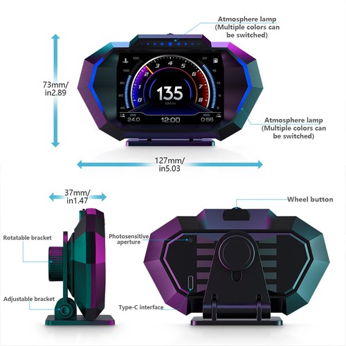 Auto OBD + GPS Head-Up Display Neigungsmesser Digital Tacho Alarm Temp - Bild 10 von 16