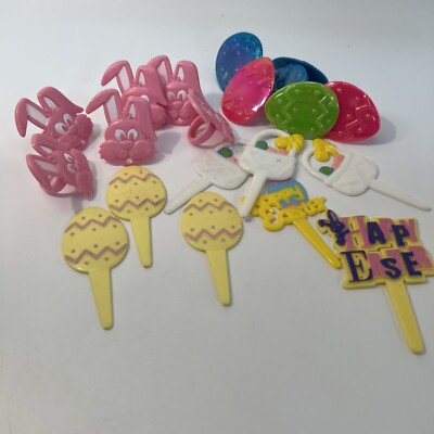 Vintage Plastic Easter Bunny Eggs Rings And Cupcake Toppers Or Picks Lot Of 20