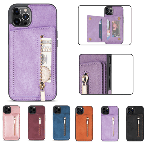 Card Slot Zipper Wallet Stand Phone Case For iPhone 13 12 11 Pro Max XR 7 8 SE - Afbeelding 1 van 62