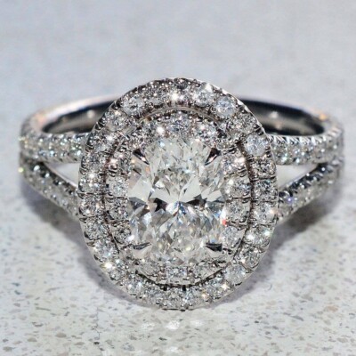 3.50Ct Oval Cut Diamond Split Shank Double Halo Ring 14K White Gold Over US 6-12
