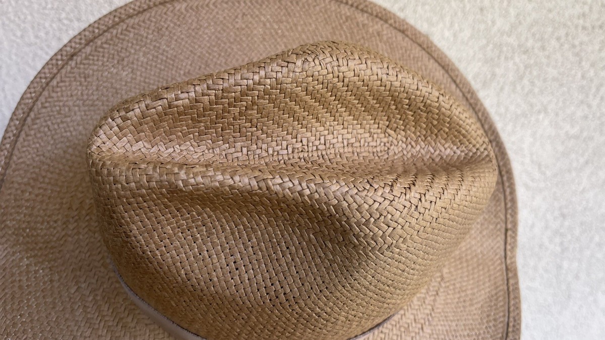 Janessa Leone Straw Hat Handmade Straw Leather Band Sz M Tan 
