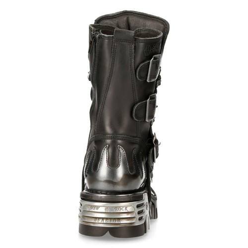 New Rock 591-S2 Boots Silver Flame Boots Metal Black Leather Heavy Punk Gothic - Picture 6 of 8