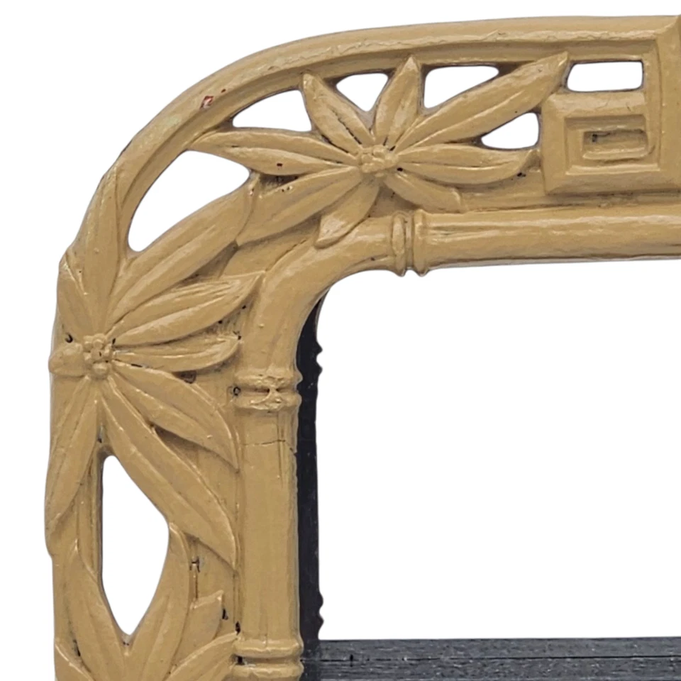 Chinese Bamboo Wood Carved Mirror Curio Cabinet Wall Shelf Asian Décor 19.5” - Image 4 of 4