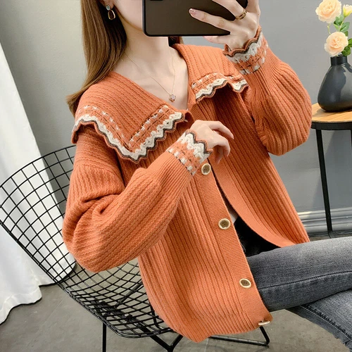Long Sleeve Lapel Neck Collar Sweater Women Short Jacket Short Knitwear - Bild 18 von 24