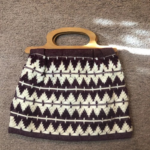 Vintage 70er Jahre Damen Handtasche Tragetasche Geldbörse kastanienbraun weiß Wolle Fair Isle Cheveron Holz - Bild 5 von 5