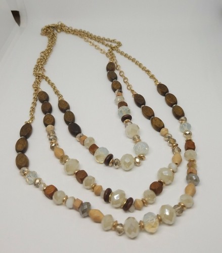 Wood Beaded Necklace Oval Flat Beads Plastic Crystals Multistrand Gold Tone - Picture 2 of 6