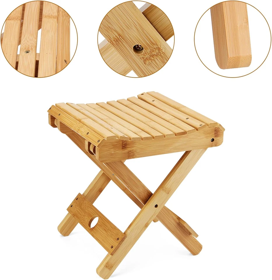 2 Pack 12 Inch Bamboo Folding Stool, Natural Shower Bench Toilet Stool - Image 4 of 4