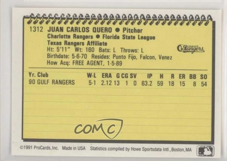 1991 ProCards Minor League Juan Quero #1312 - Image 2 of 2