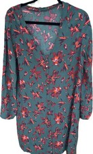 Women’s Madewell Dress Green Floral Flowers Long Sleeve Gold Buttons Size Large