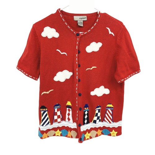 Designers Original Studio Nautical Lighthouse Red Embroidered Sweater SS Size L