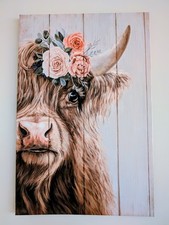 NEW Highland Cow with Flowers Canvas Wall Art 24x16 rustic farmhouse