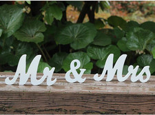 Small Vintage Mr  Mrs White Wooden Letters Wedding Stand Sign Stand Figures Dec