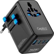 Ceptics 6-in-1 International Adapter, 140W PD USB-C, 1USB-A/3USB-C,CE/RoHS