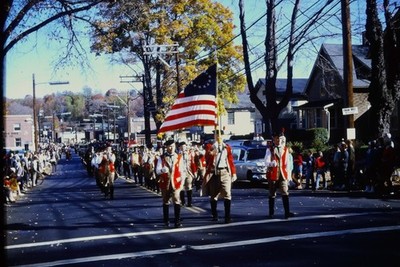 VINTAGE PHOTO SLIDE Colonial-era parade with 13-star flag, autumn street scene.