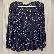 LOFT size S Women's  black white polka dots long sleeves top Peplum  hem