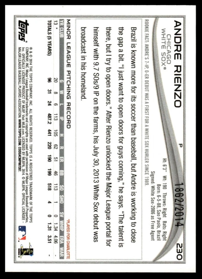 2014 Topps #230 Andre Rienzo Gold #/2014 - Image 2 of 2