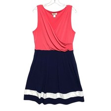 Loft Colorblock Dress M Pink Blue V Neck Sleeveless Ruched Summer Preppy Coastal