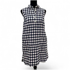 Land's End Blue White Gingham Linen Blend Sleeveless Dress Pockets Women's 2 P