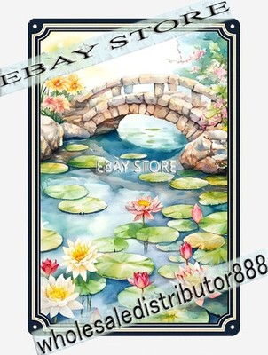 Lily Pond Bridge Metal Sign Tranquil Scene storybook woodland magic