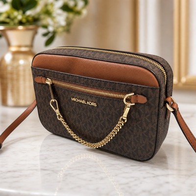 Michael Kors Jet Set Camera Bag Crossbody Brown Leather Trim Chain Signature