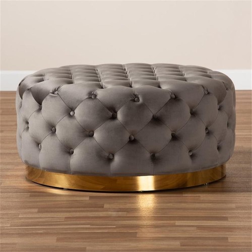 Baxton Studio Sasha Gray Velvet Upholstered Gold Finished Cocktail Ottoman - Picture 5 of 6