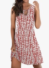 Women's Sleeveless Red & White Patterned Mini Dress Keyhole Neckline Ring Size M