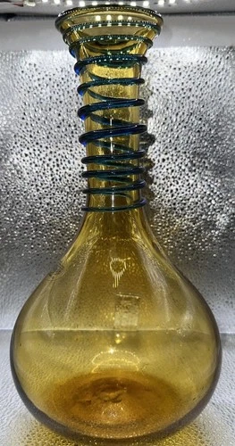 Vintage 2003 Blenko Glass Vase Yellow, Cobalt Blue Spiral Wrap Hand Blown Marked