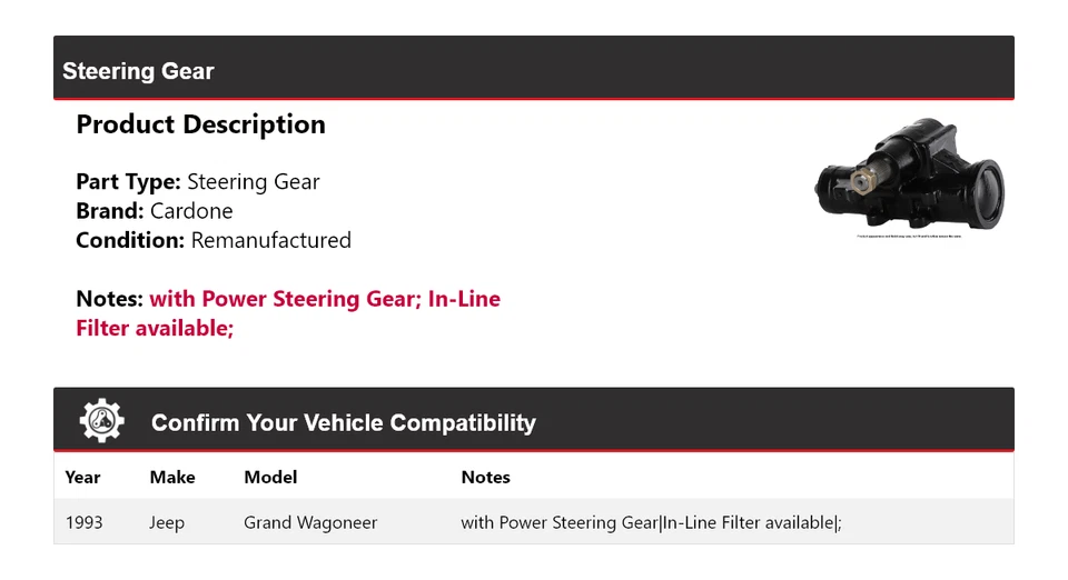 Jeep Grand Wagoneer 1993 engranaje de dirección cardone Foto 2 de 4