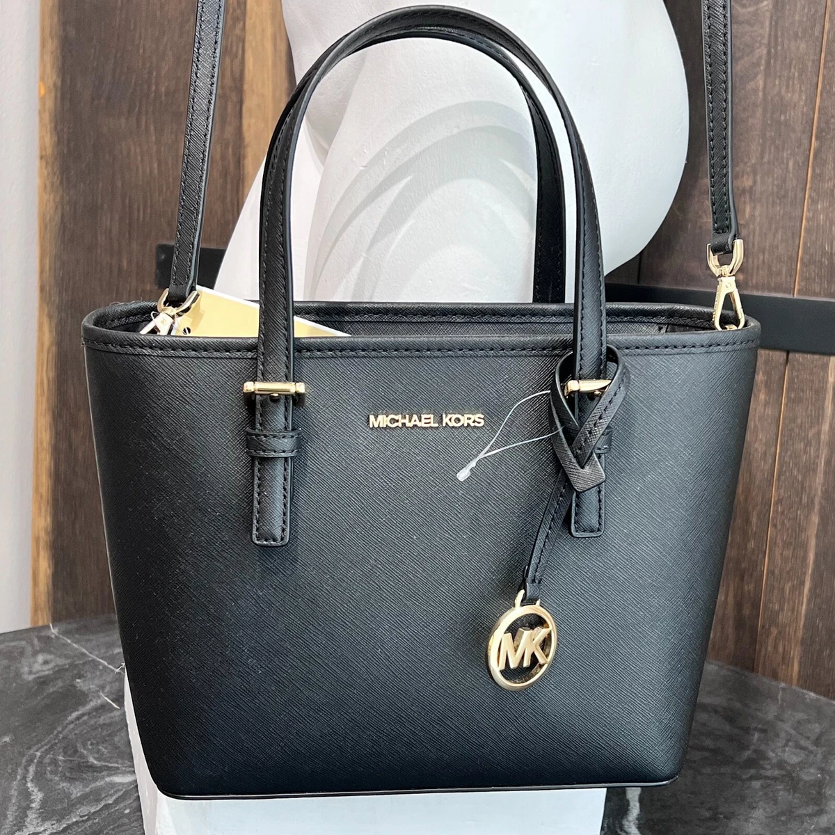 Michael Kors Jet Set Top-Zip Saffiano Leather Tote in Black