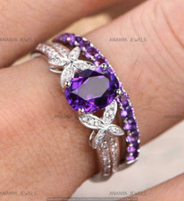 Real 925 Sterling Silver 2 CT Oval Lab-Created Amethyst Bridal Wedding Ring Set
