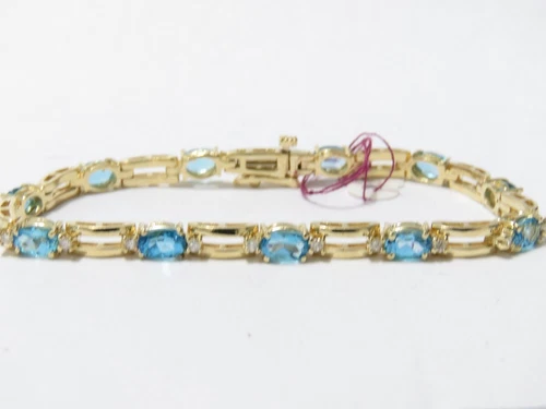14K GELBGOLD AQUAMARIN & DIAMANT TENNIS ARMBAND 7,25" HELLBLAU - Bild 6 von 7
