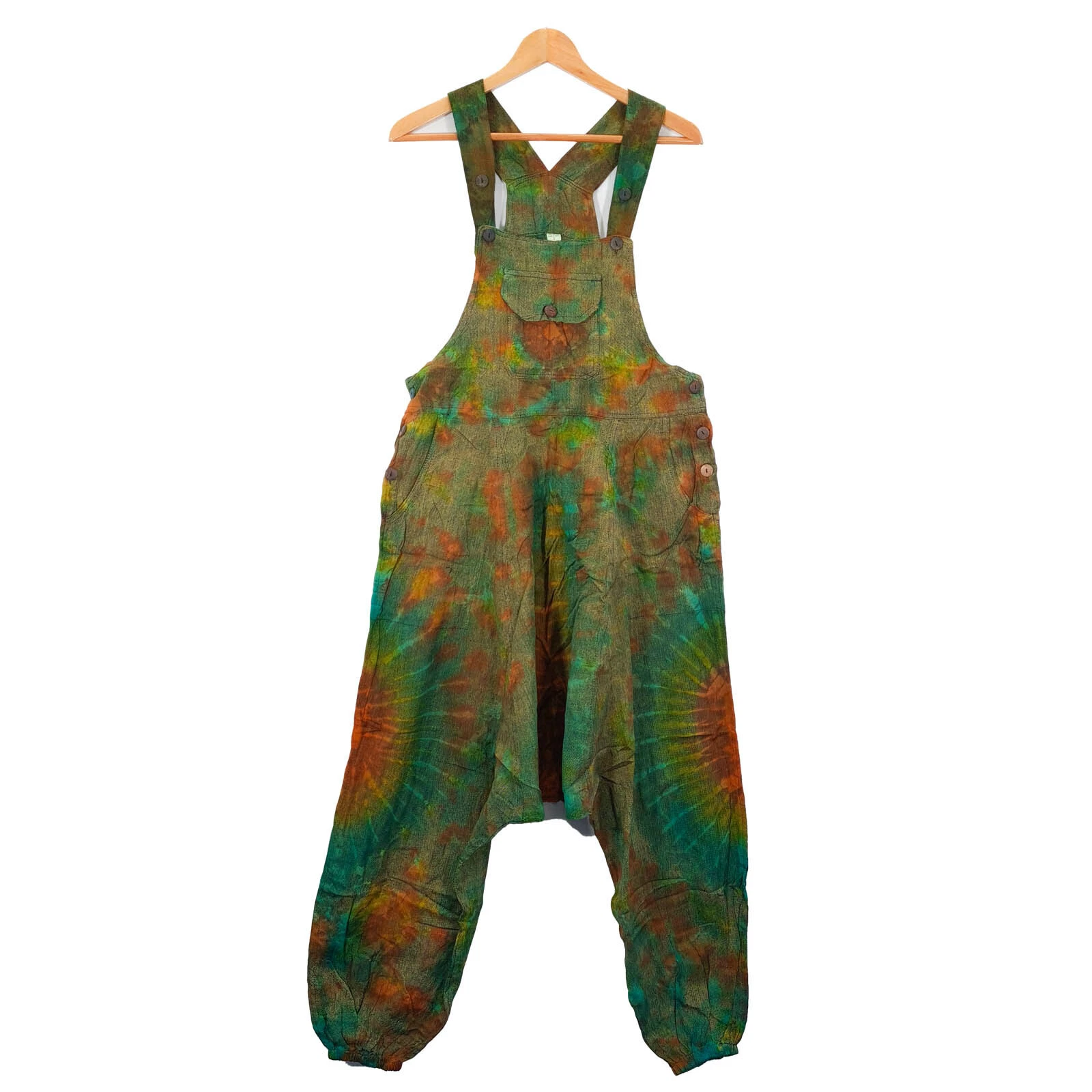 Boho Overalls Tie Dye Green Playsuit Festival Summer Hippie Pockets Comfortable