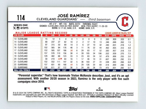 2024 Topps #114 Jose Ramirez Yellow Retail Cleveland Guardians - Picture 2 of 2