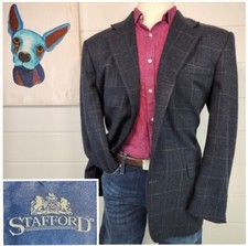 Stafford Mens Three Button Blazer Jacket Blue Windowpane Wool Size 44R