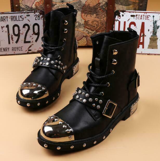 Rock Men Fashion Leather Punk Studs Buckle Lace Up Combat 